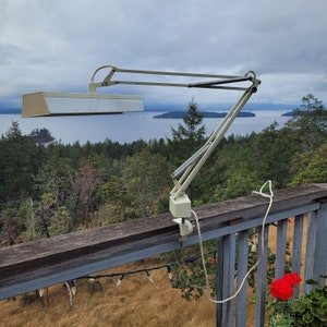 Luxo Fluorescent Desk Lamp, Vintage, Industrial, Drafting, Articulating Swing Arm, Large, with Original Clamp, Beige, Rare Find, 1960-70s