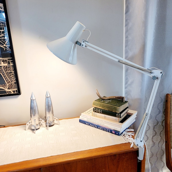 HCF Denmark Articulating Task Lamp, White Flare Cone, Utility, Desk Lamp, NO Clamp, Architect, Drafting, Anglepoise, Swing Arm, 1970-80s