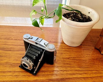 May include: A vintage black and silver folding camera with a bellows design, resting on a wooden surface. The camera has a silver lens and control dials. A potted plant with green leaves sits in the background.