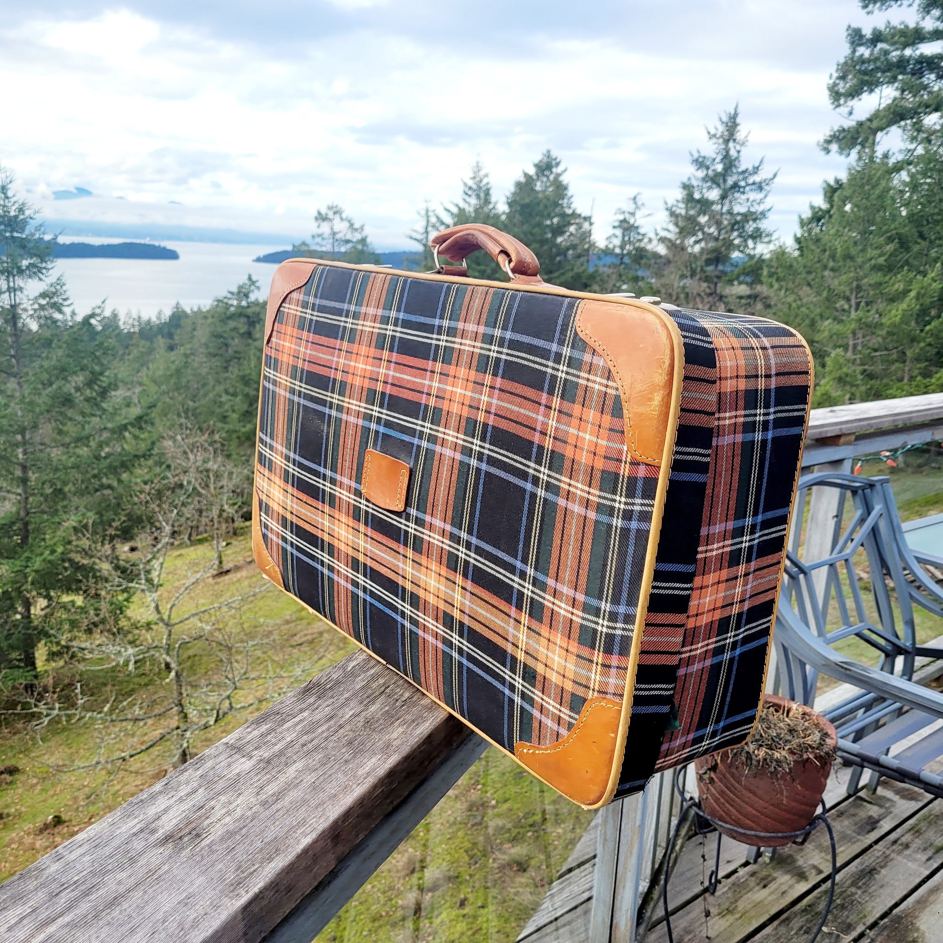 Travel Luggage, Plaid, Vintage Suitcase, Leather Edging & Handle, Black Orange Tartan, Home Decor, Set Prop, Photo Shoot, Green Interior - Etsy Travel Luggage, Plaid, Vintage Suitcase, Leather Edging & Handle, Black Orange Tartan, Home Decor, Set Prop, Photo Shoot, Green Interior - Etsy
