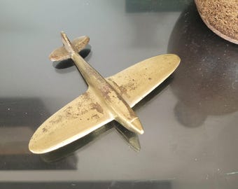 Brass Model Airplane, RAF Spitfire Fighter, Trench Art, Militaria, WW2 Folk Art