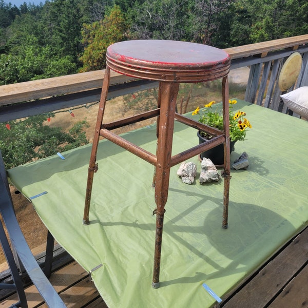 Industrial Shop Stool, All Metal, Distressed Copper, Vintage Drafting/Architect Stool, 1940-50s, 24 inch, 1 Rung, Round Seat, 2 Available