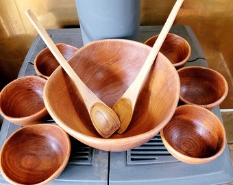 Teak Salad Bowl Set, 9 Pieces, Solid Wood, Hand Turned, Danish Modern, Eames Era, Large Bowl, 6 Side Bowls, 2 Serving Utensils, 1960s