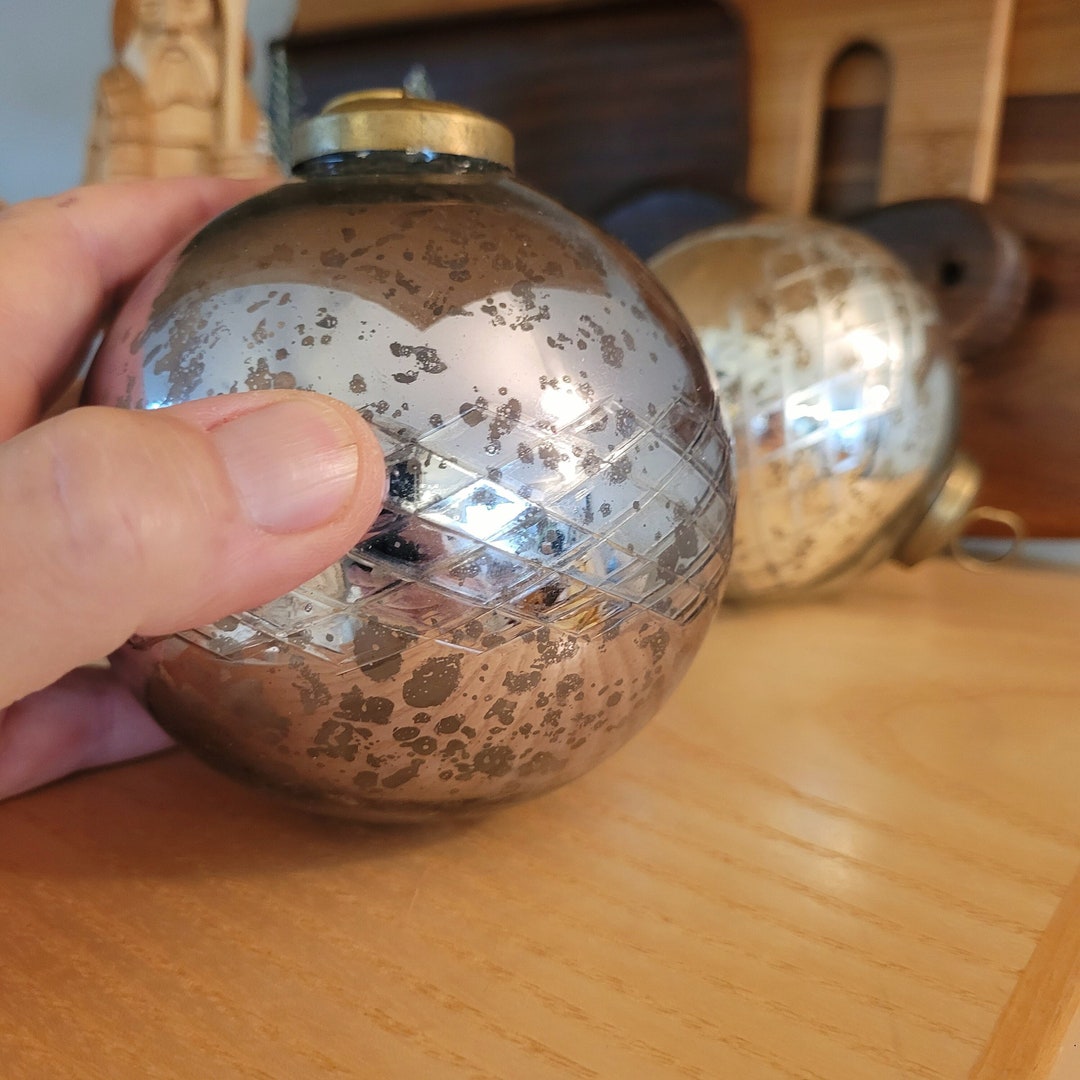 Kugel Christmas Ornaments, Vintage, Large, Round, Silver, Bluegray