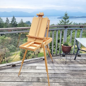 Portable French Easel, CONDO, Vintage Plein Air Painting Easel, Wood, Storage Drawer, Adjustable, Brass Fittings, Travel Easel, Light Brown