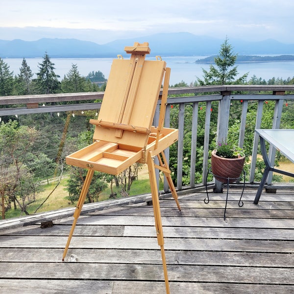 Portable French Easel, CONDO, Vintage Plein Air Painting Easel, Wood, Storage Drawer, Adjustable, Brass Fittings, Travel Easel, Light Brown