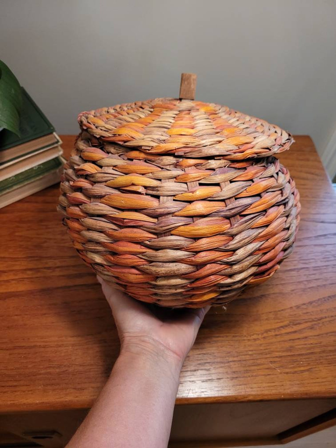 Vintage Wicker Pumpkin Basket With lid Hallowen Decor Etsy