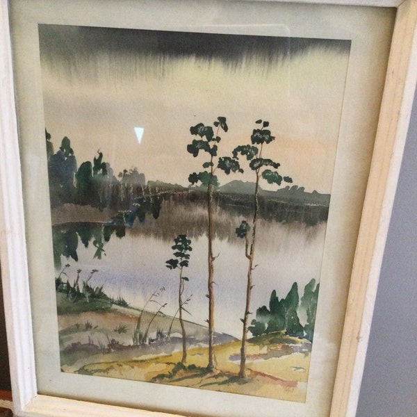 Vintage Watercolor of Lakeshore Scene, Trees, Gloomy Skies, Framed under Glass, White Wood Frame, Unsigned