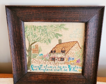 English Crewel Embroidery Picture, Wood Frame, Vintage Garden Landscape, Flower Garden, Thatched Roof House, Vera Lynn Song