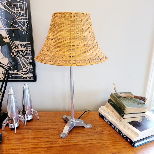 Ikea TUM Desk Lamp, Wicker Lamp Shade, Vintage Table Lamp, Solid Aluminum Base, Tri-light Socket, Entryway, Living Room, Elegant Home Decor