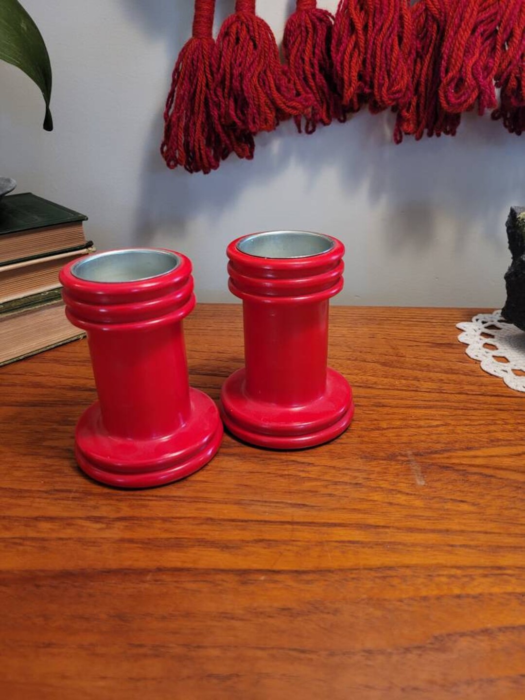 Red Candlesticks Pair Vintage Ikea Wood Candle Holders 2 Etsy