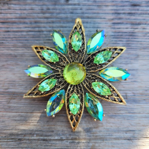 WEISS Brooch, Signed, Sparkling Peridot, Flower Petal Sshape, Gold Tone Filigree, Aurora Borealis, Glass Rhinestones, Vintage Jewelry, 1950