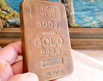 Credit Suisse Brass Gold Brick, 500gm, Brass Envelope, Iron Core, Heavy, Good as Gold, 999.9, Paperweight, Unreal Gold Bar, Film Prop, Rare