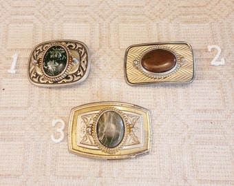 Belt Buckles, Vintage, Polished Rock Cabochon, Various Styles, Vareious Types of Rock, Silver & Gold Tone, Sold Separately, 1960-90s