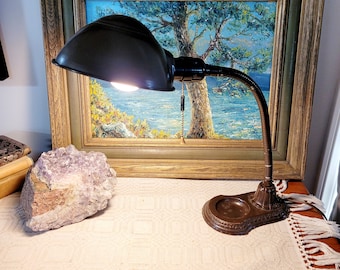 Vintage Art Deco Schreibtischlampe, Schwanenhals Gusseisen, Industrielampe, 1930-40er Jahre, neu verkabelt