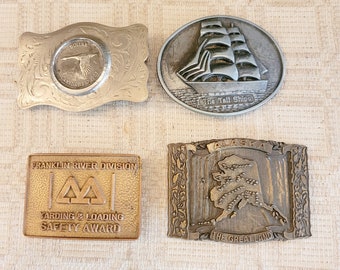 Belt Buckles, Vintage, Brass, Silver, Various Styles, Canadian Silver Dollar, Advertising, Safety Award, Alaska, Sold Separately, 1960-90s