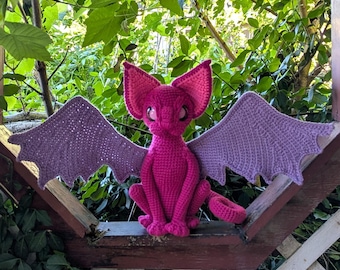 Crocheted Cat Dragon Plush with purple wings: Handmade Whimsical Fantasy Creature