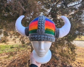 Rainbow Crochet Viking Helmet with Horns – Handmade Hat – Cosplay, Halloween, Fantasy Gift