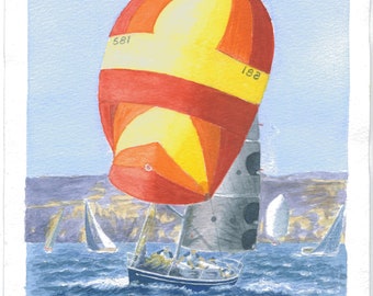 Racing Yacht on Sydney Harbour Watercolour Painting| Print Wall Art Living Room Decor Wall Decor Home Decor  Watercolor Boat| BOHO large art