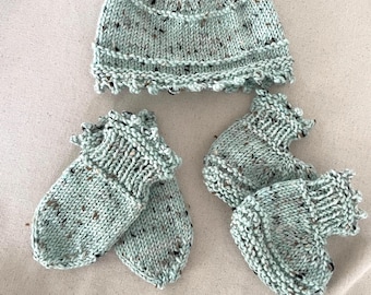 Baby Hat, Booties and Mittens Knitting Pattern, Knitted Baby Set - English only