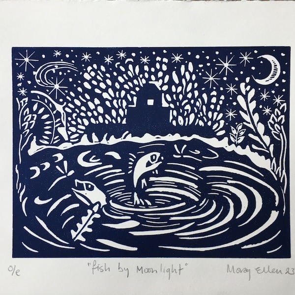 Fish by Moonlight, original limited edition multi block lino print