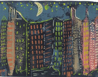 Cityscape at Night Hand Painted Greeting Card 52