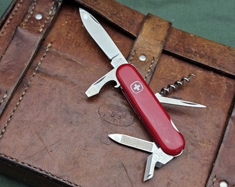 Vintage Wenger Dog Leg Commander with Nickel Silver Sandoz Swiss Advertising Inlay Retired Model 85 mm Swiss Army Tool Rare