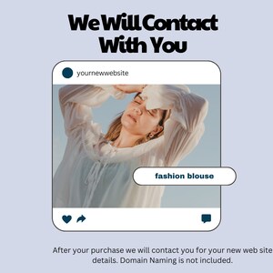 May include: An Instagram-style graphic with the text "We Will Contact With You." The image features a woman wearing a white fashion blouse. The text "fashion blouse" is in a speech bubble. The graphic includes social media icons.