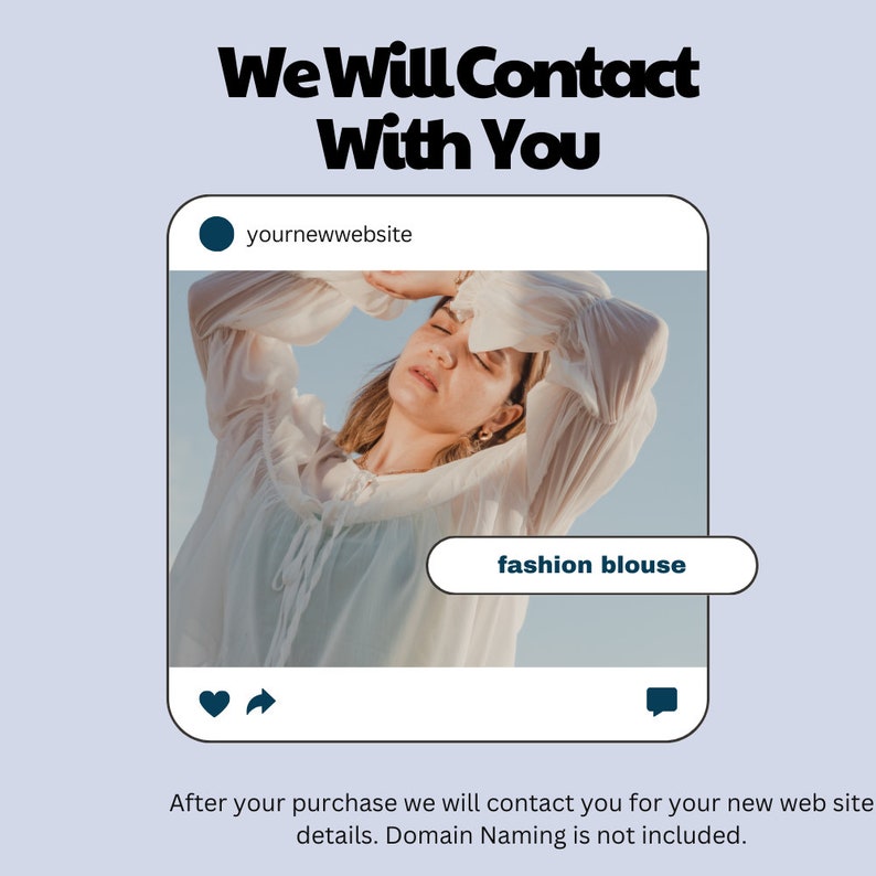May include: An Instagram-style graphic with the text "We Will Contact With You." The image features a woman wearing a white fashion blouse. The text "fashion blouse" is in a speech bubble. The graphic includes social media icons.