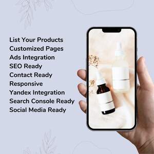 May include: A smartphone displays two cosmetic bottles with blank labels. The phone is held in a hand against a light purple background. Text on the left side lists features like "List Your Products" and "SEO Ready."