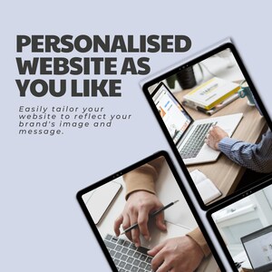 May include: Image promoting personalized website design. The text reads "PERSONALISED WEBSITE AS YOU LIKE" and "Easily tailor your website to reflect your brand's image and message." The image shows multiple screens displaying website designs and a person working on a laptop.