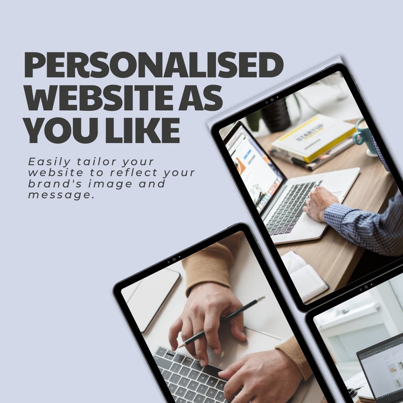 May include: Image promoting personalized website design. The text reads "PERSONALISED WEBSITE AS YOU LIKE" and "Easily tailor your website to reflect your brand's image and message." The image shows multiple screens displaying website designs and a person working on a laptop.