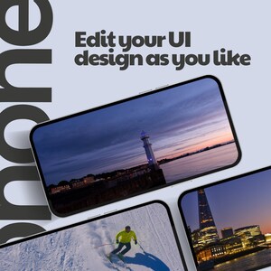 May include: A light blue background with the text "Edit your UI design as you like." Three smartphones display different images: a lighthouse at dusk, a skier, and a cityscape at night.