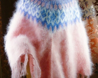 Mohair Handmade Hairy Powder Pink T- Neck Poncho Sweater Pullover One size M - 4XL...