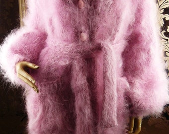 Cardigan rose poilu fait main en mohair, veste et pull tricoté à la main, taille 2XL