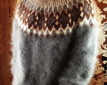 Hand Knitted Icelandic Middle Gray Fluffy T-neck Mohair Sweater, Size XL-2XL