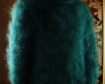 Mohair hecho a mano peludo acanalado verde esmeralda T- cuello suéter jersey 2XL