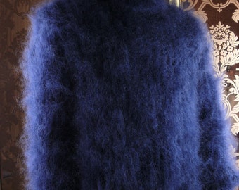 Mohair handgemachte behaarte gerippte dunkelblaue T-Ansatz Pullover Pullover Pullover Größe XL-2XL