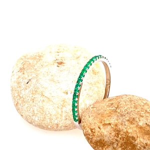 Emerald Half Eternity Band May Birthstone for Mother Day Gift made of 14k White Gold / Stack able Real Natural Emerald Band Pave set