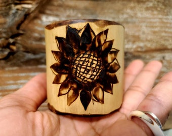 Qty 2, Extra Large Bamboo Dreadlock Bead, Loc Binder / Holder Hand-Burned Sunflower Art