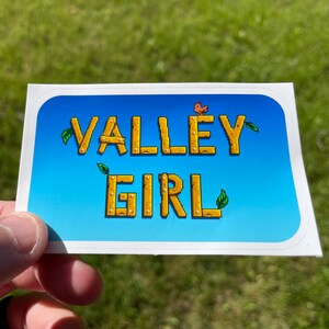 Puede incluir: Una pegatina azul y blanca con el texto "VALLEY GIRL" en letras amarillas pixeladas. Las letras están delineadas en negro y tienen pequeñas hojas verdes a cada lado. Un pequeño pájaro rojo está por encima de la palabra "VALLEY".