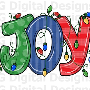 Joy Christmas Lights PNG Doodle Letters Design Printable Red Blue Green ...