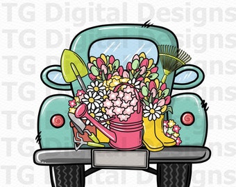 Antique Truck With Flowers, Spring PNG, Summer PNG, Flower Market, Gardening Tools, Tulips, Daisies, Farm, Sublimation Design, PNG File