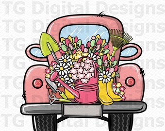 Rustic Pink Truck With Flowers, Spring PNG, Summer PNG, Flower Market, Gardening Tools, Tulips, Daisies, Farm, Sublimation Design, PNG File
