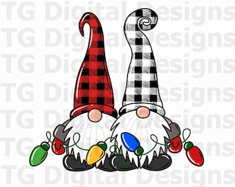 May include: A digital illustration of two Christmas gnomes. One gnome wears a red and black plaid hat, the other a black and white plaid hat. Both have white beards and hold a string of colorful Christmas lights.