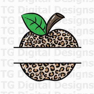 May include: A split apple design with a leopard print pattern, a green leaf, and a brown stem. The design is divided by a horizontal line, perfect for personalization. The background is white.