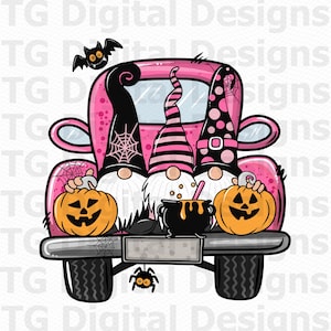 May include: Three gnomes in a pink pickup truck with black wheels. The gnomes are wearing black, white, and pink hats. They are holding jack-o'-lanterns and a cauldron. There is a spider under the truck.