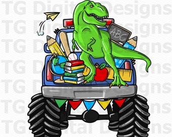 School Truck PNG, Dinosaur School Monster Truck For Boys, Back To School PNG, First Day Of School, Sublimation Design, School Tshirt PNG