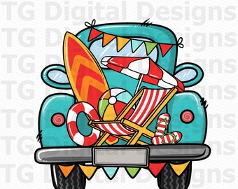 Beach PNG, Summer PNG, Summer Truck PNG, Turquoise Rustic Truck, Holiday, School Vactation, Surfing Board, Summer Tshirt Design, Digital