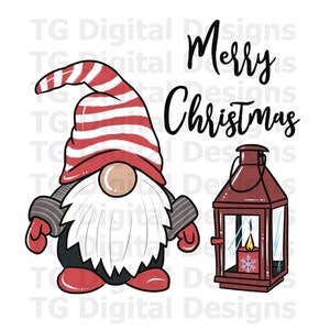 May include: A festive illustration featuring a Christmas gnome with a red and white striped hat, a white beard, and a red lantern with a lit candle. The words "Merry Christmas" are written in black script.